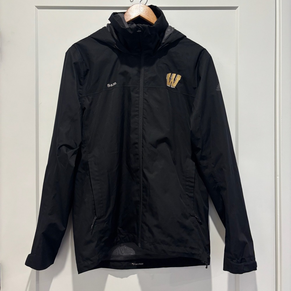Adidas Climaproof Mens Small Black Hooded Rain Jacket Sam W Logo Full Zip Coat